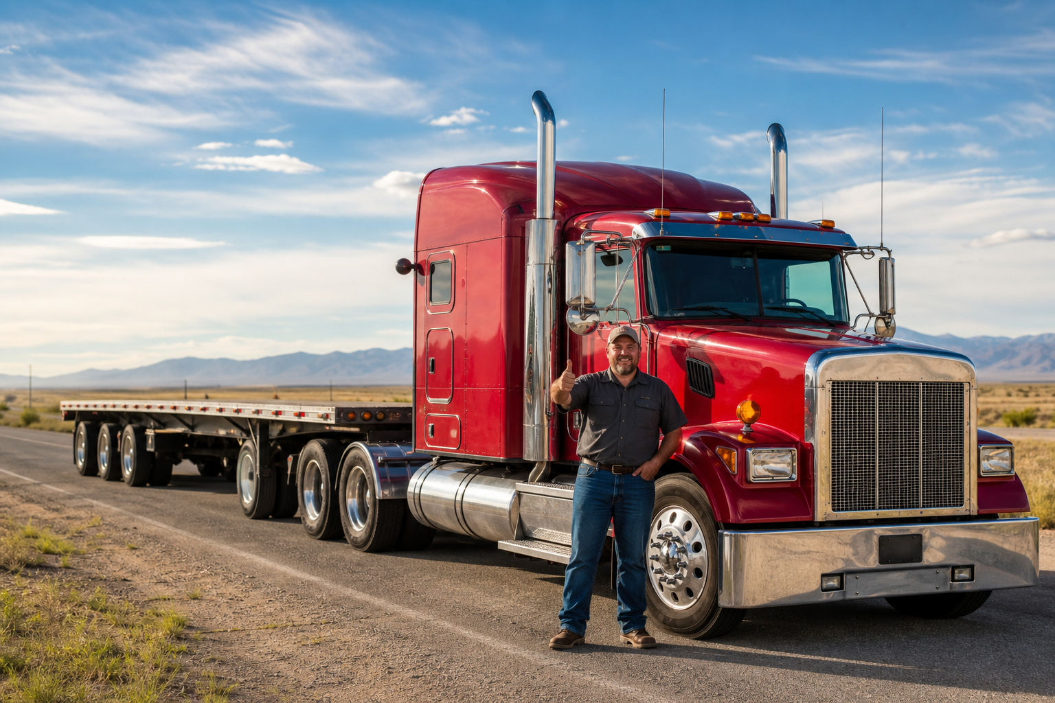 Driver giving a thumbs up beside an 18-wheeler flatbed truck